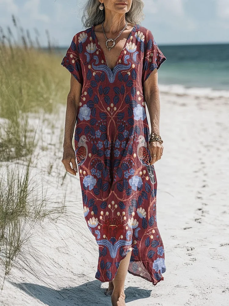 Women's Vintage Flower Art Print Pocket Cotton Dress