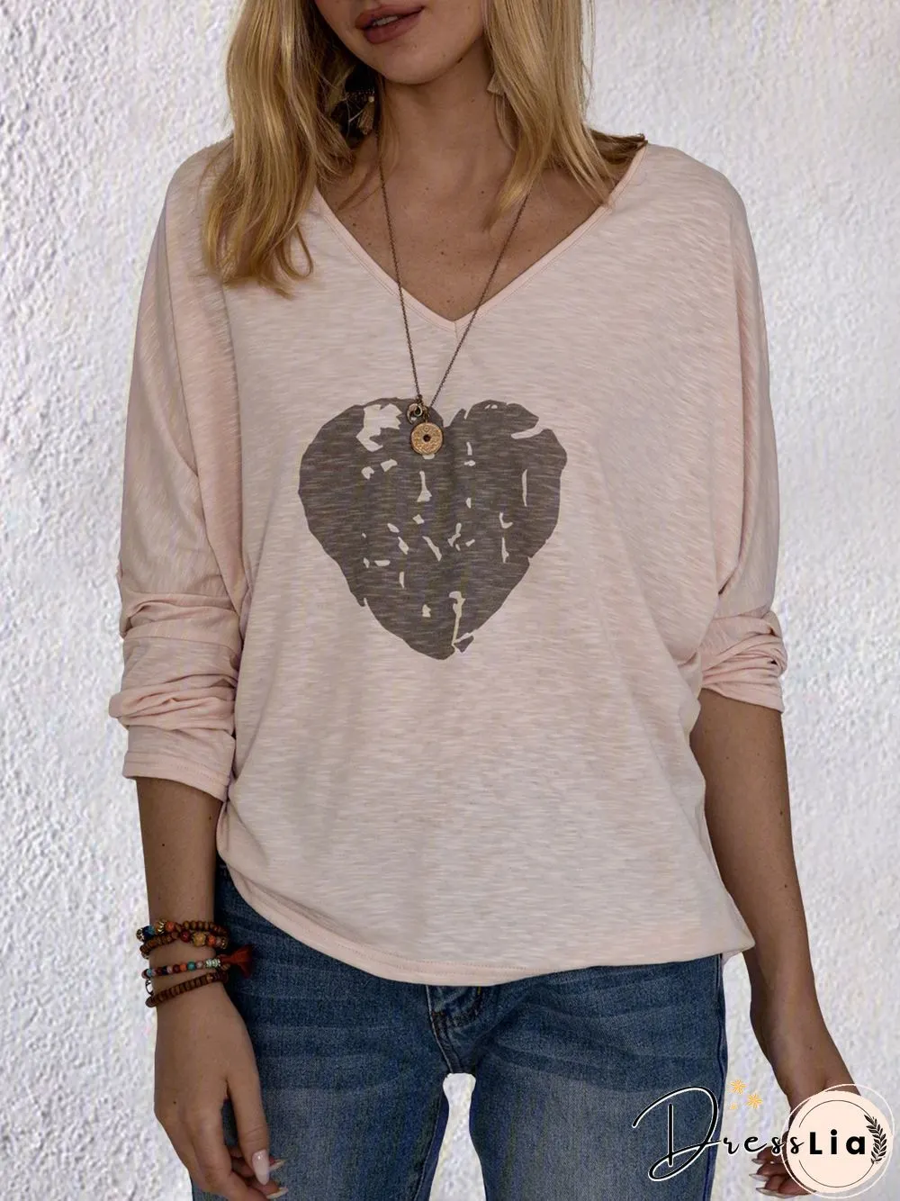 Long Sleeve Round Neck Cotton-Blend Printed Tops