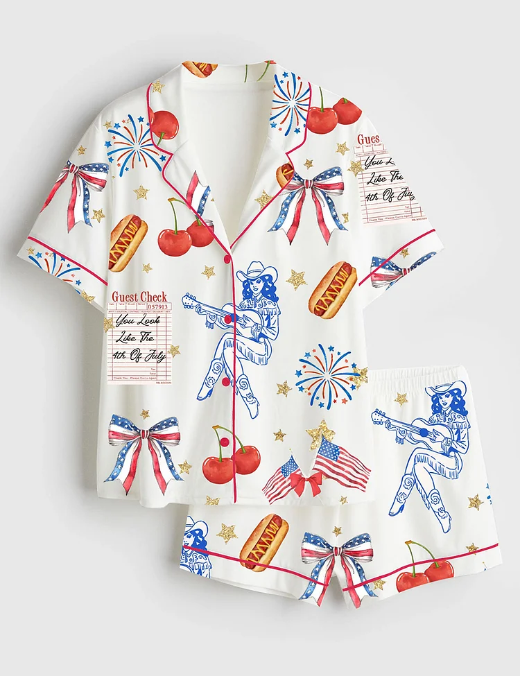 Women&rsquo;s Coquette 4th Of July American Cowgirl Coquette Cowgirl Patriotic Western Short Sleeve Satin Pajama Set