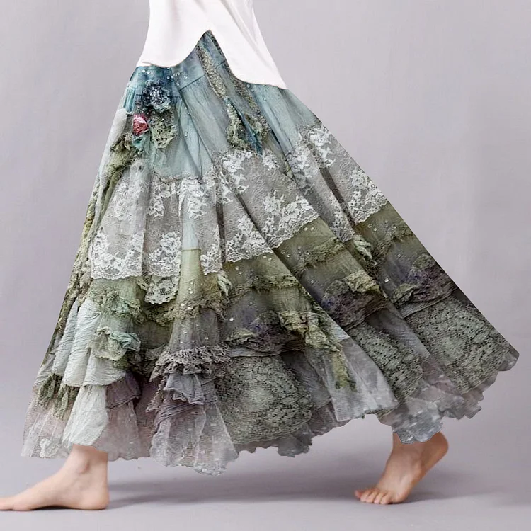 Vintage Boho Lace Flowy Wide Skirt