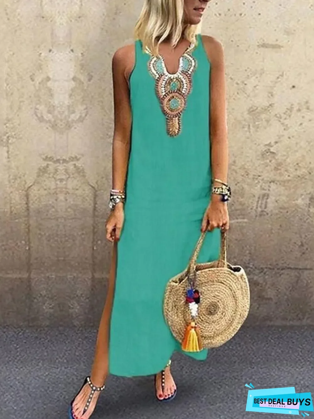 Women's Blazer Dresses Maxi Long Dress - Sleeveless Tribal Split Print Summer V Neck Plus Size Hot Casual Boho Holiday Beach White Yellow Wine Green Gray White Dresses