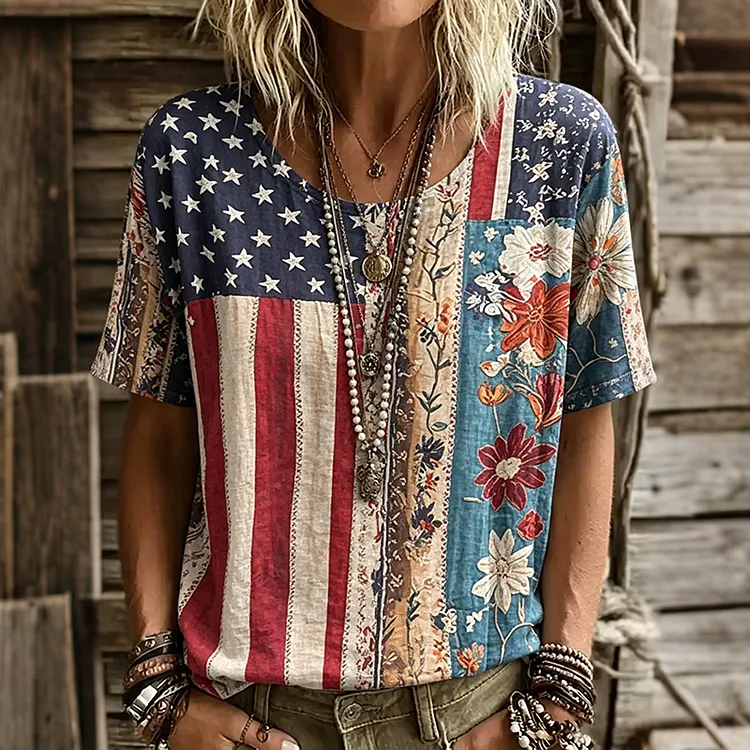 Women's Vintage Flag Patchwork Art Print Tshirt