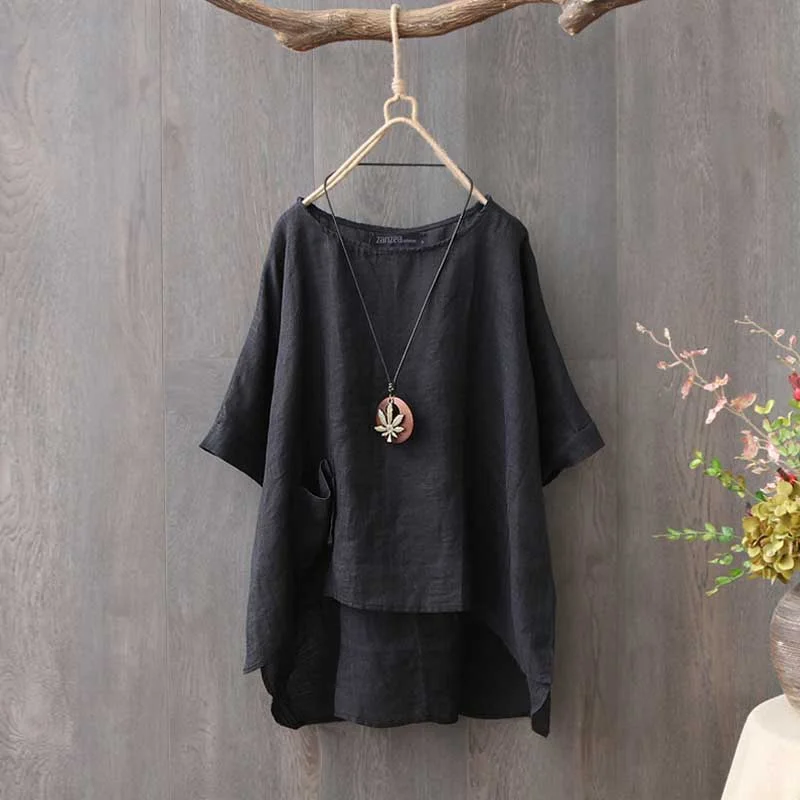 ZANZEA Summer Half Sleeve Cotton Linen Blouse Women Tunic Tops Casual Loose Vintage Blusas Femininas  Solid Work Shirt