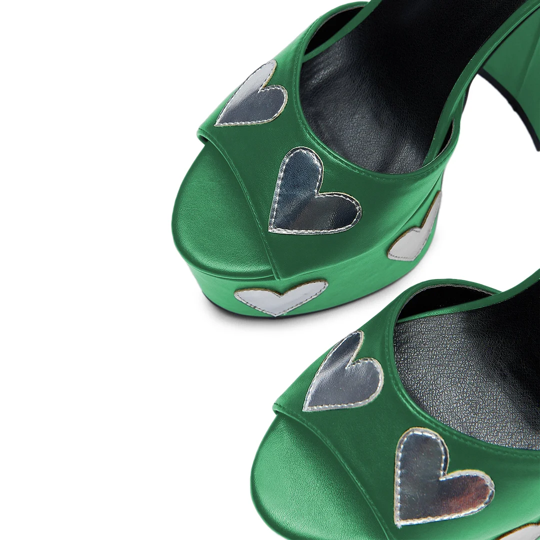 Green Vegan Leather Heart Patch-Work Platform Sandals with High Heels