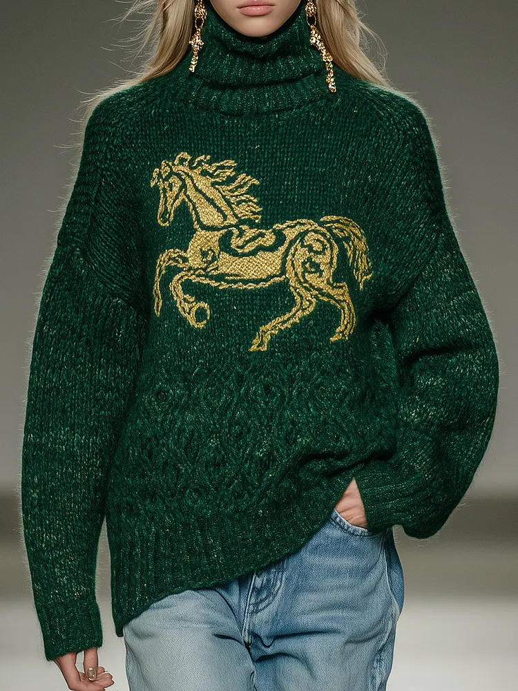 Fashionable Green Turtleneck With Horse Pattern On Chest Sweater
