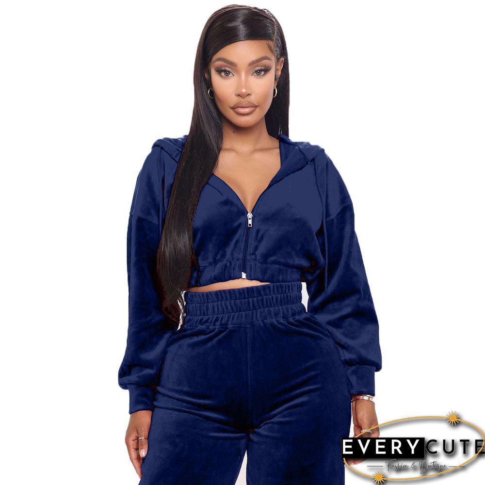 Navy Blue Korea Velvet Zipper Top with Pant Set