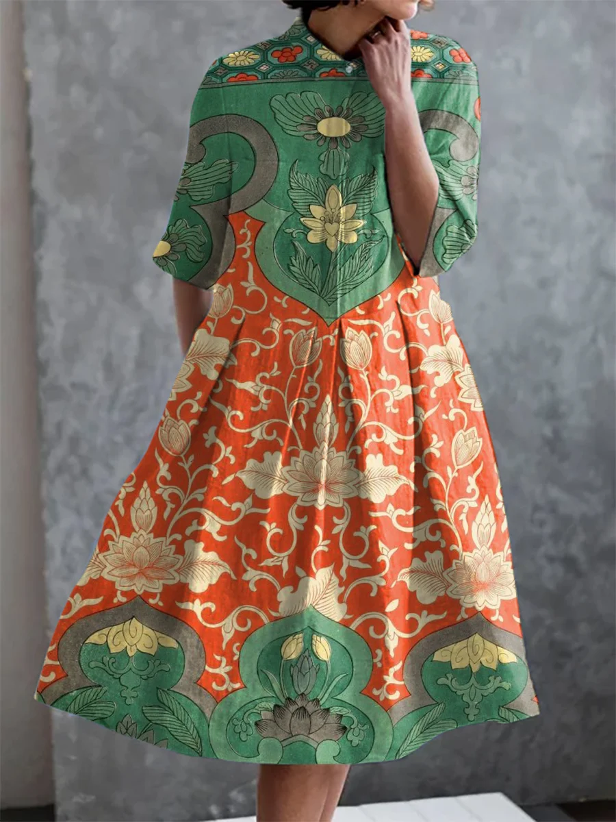 Vintage Floral Print Pocket Half Sleeve Dress