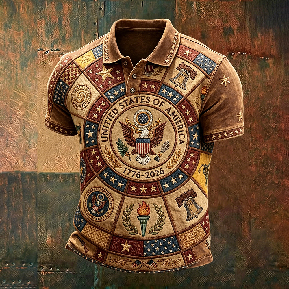  Men's Vintage Independence Day Inspired Pattern Washed Polo Shirt Westsshops