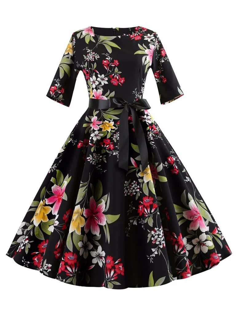 Women Vintage Pinup Dress Floral Printed Half Sleeve Big Swing Dress