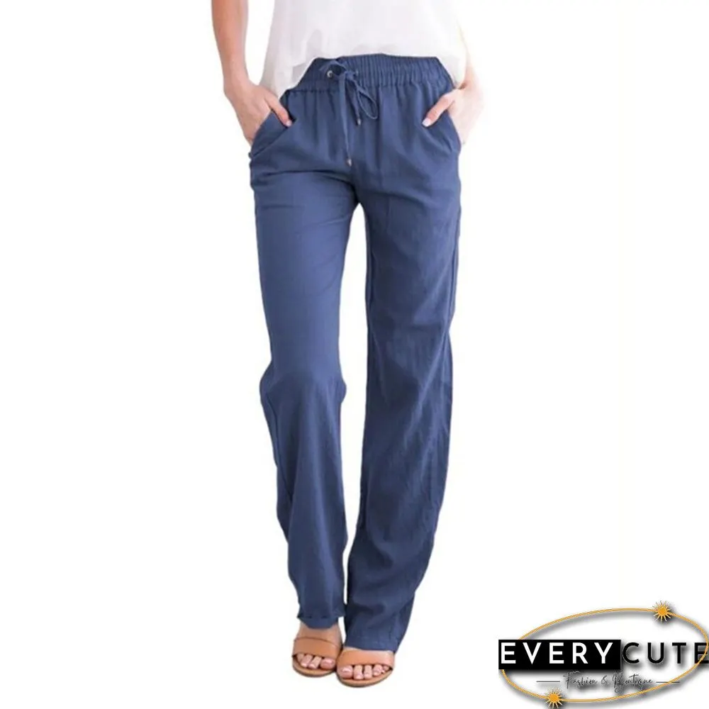 Summer Women's Cotton Linen Drawstring Loose Wide-Leg Pants Hot Sale Long Trousers With Pocket