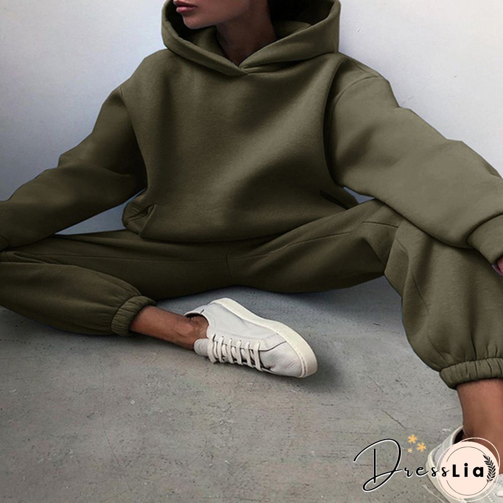 Women Hoodies Two Piece Set Long Sleeve Solid Casual Pocket Sweater Suit Spring Elastic Sport Pants Female Tracksuit