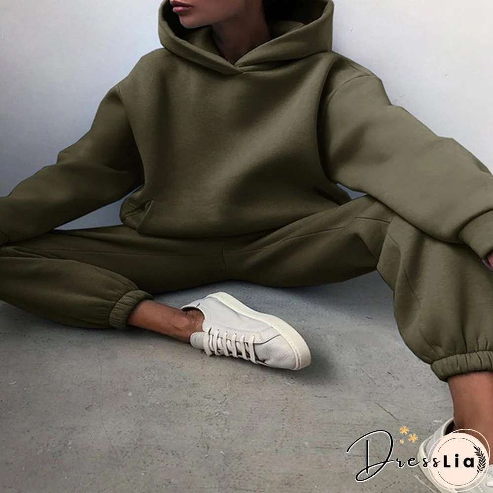 Women Hoodies Two Piece Set Long Sleeve Solid Casual Pocket Sweater Suit Spring Elastic Sport Pants Female Tracksuit