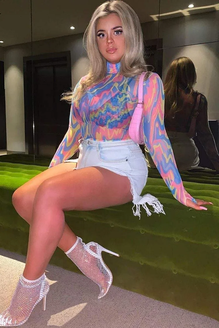 Blue Multicoloured Printed Mesh Bodysuit Katch Me