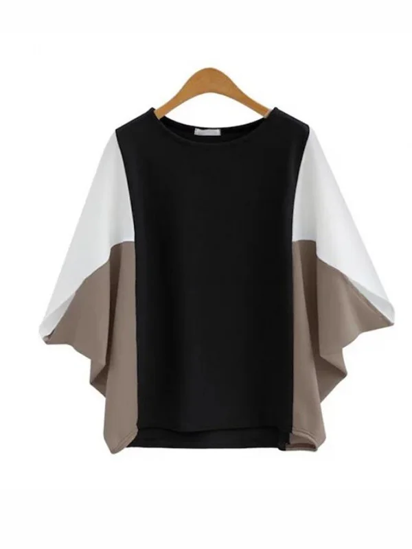 Batwing Sleeves Loose Contrast Color Split-Joint Round-Neck T-Shirts Tops
