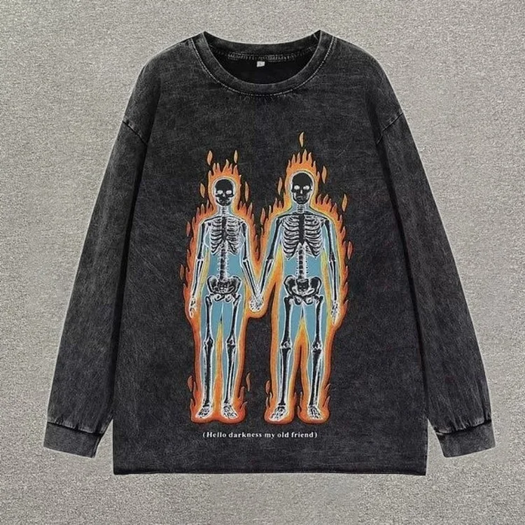 Sopula Vintage Flames Skeleton Couple Long Sleeve T-Shirt