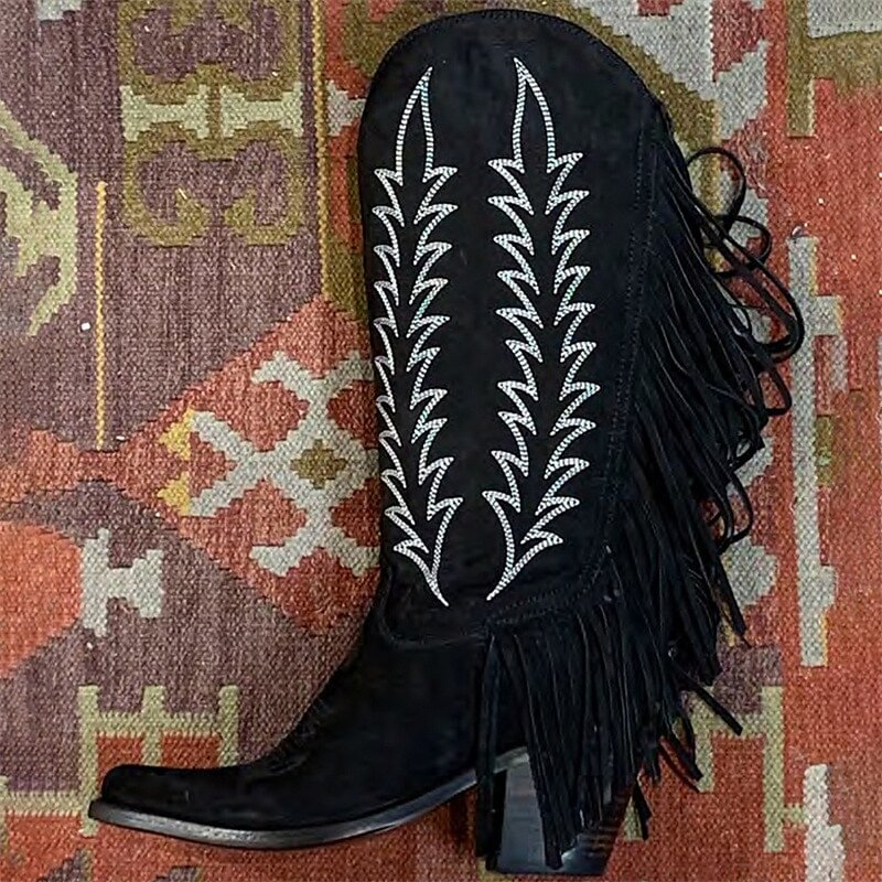 2022 New European And American Tassel Cowboy Boots Thick Heel Side Zipper Pointed Toe Large Size Women'S Shoes- Fabulory
