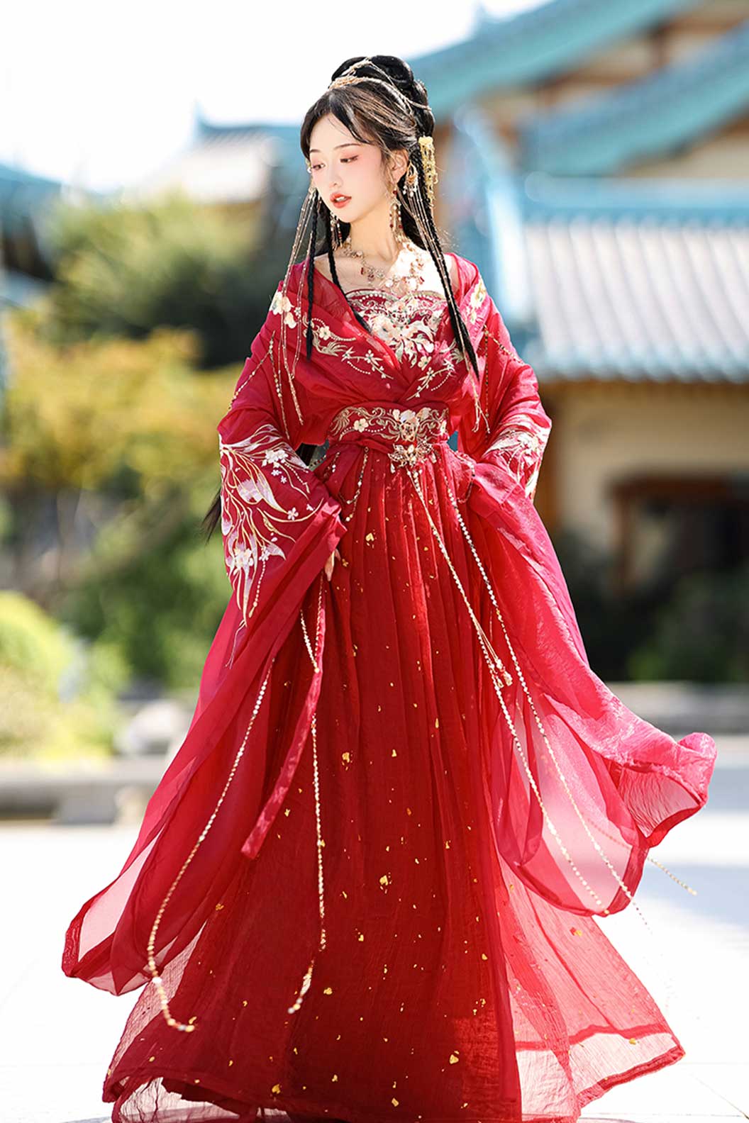 Wei Jin dynasty red hot stamping embroidery women's classic hanfu dress - diji 帝姬 Stupa Stones