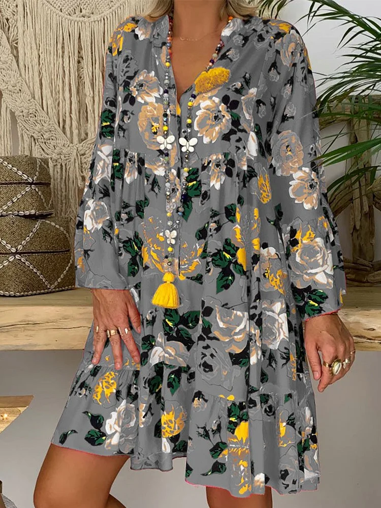 Women's V-Neck Casual Printed Loose Long Sleeve Dress-Mayoulove