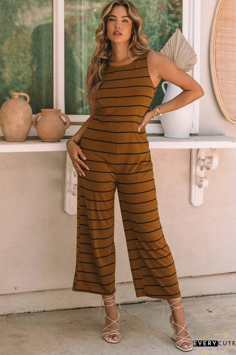 Chic Rust Striped Sleeveless Jumpsuit with Wide Legs