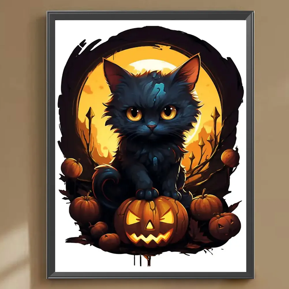Full Round Diamond Painting 30*40cm - Halloween Black Cat