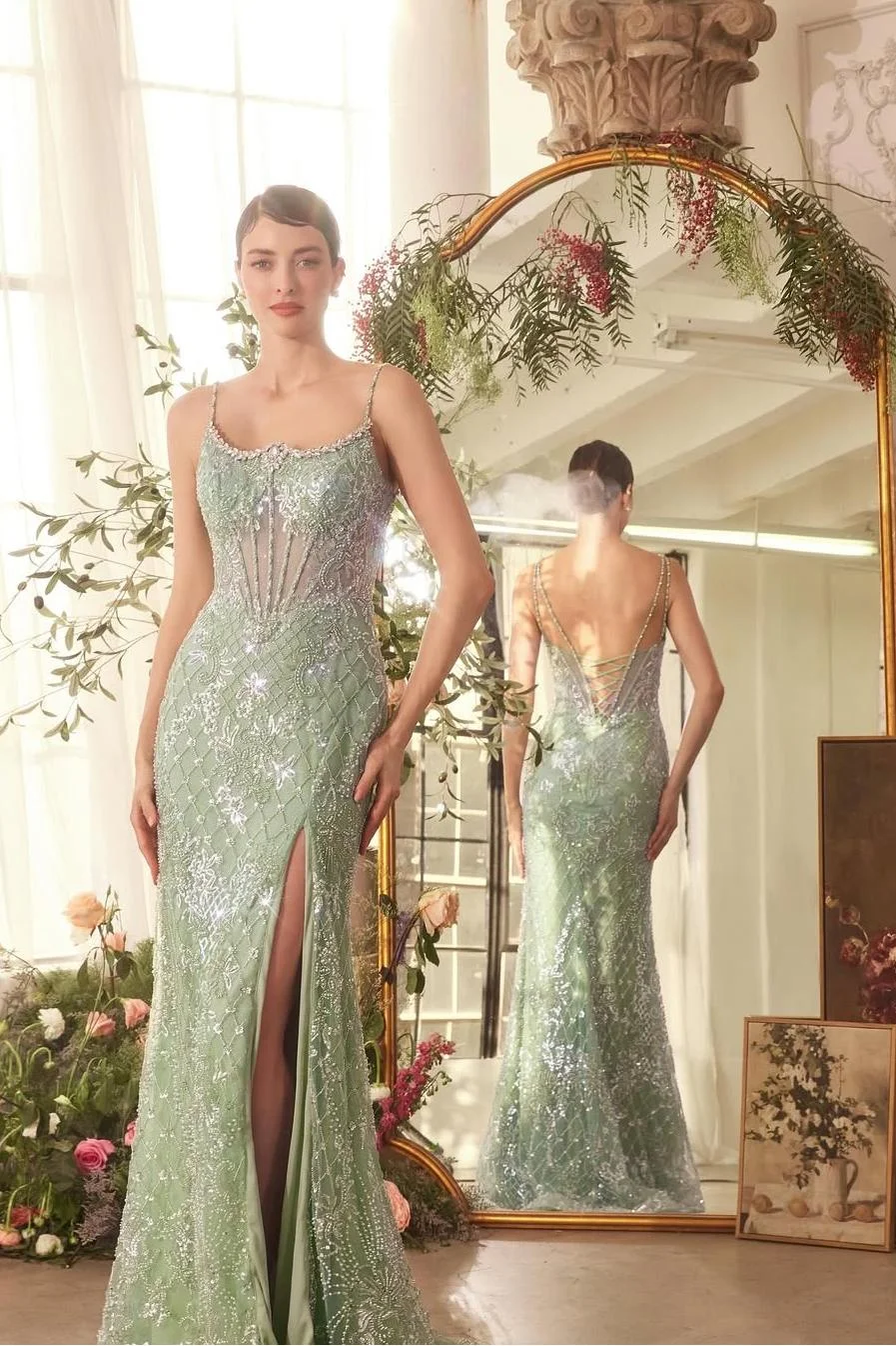 Miabel Beautiful Dusty Sage Sequins Sleeveless Spaghetti Strap Split Prom Dress with Beadings 