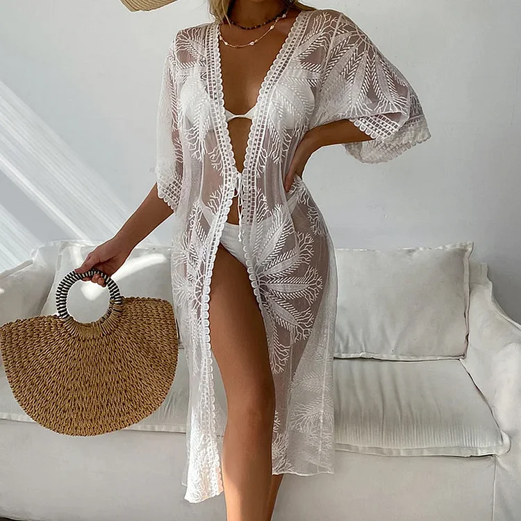 Casual Embroidered Lace Up Beach Cover Up