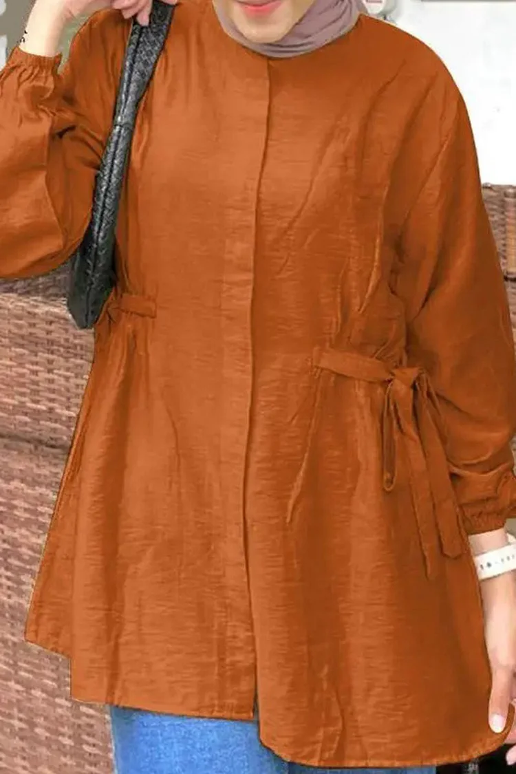 Round Neck Button Tied Up Solid Color Lantern Sleeve Top