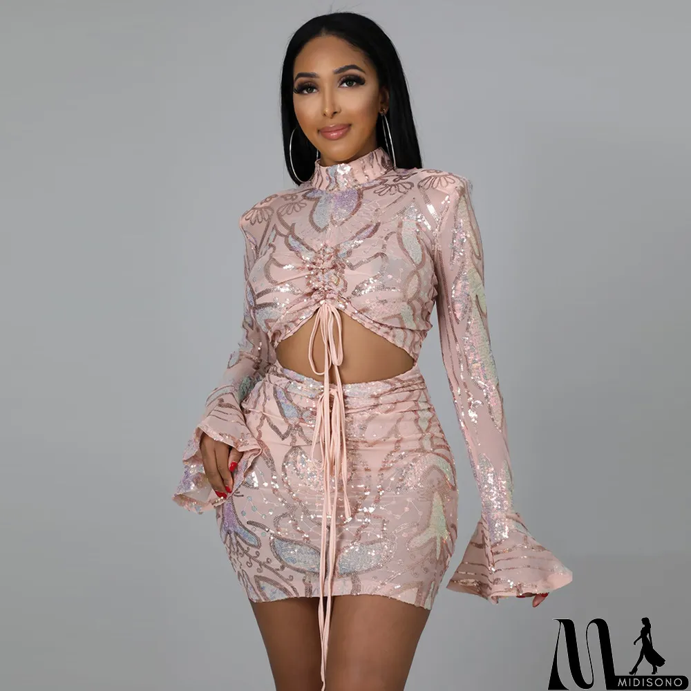 MidiSono - Sequin Lining Waist Hollow Sexy Nightclub Dress