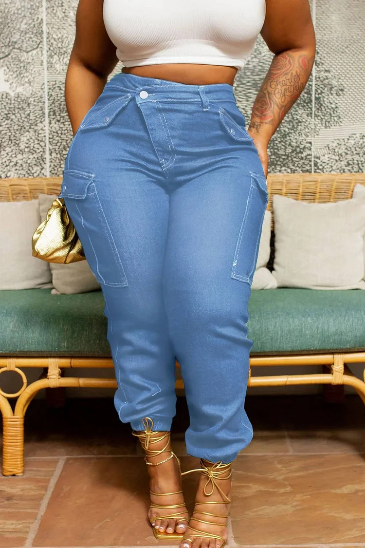 Xpluswear Plus Size Light Blue Daily Denim Asymmetric Waist With Pocket Cargo Jeans