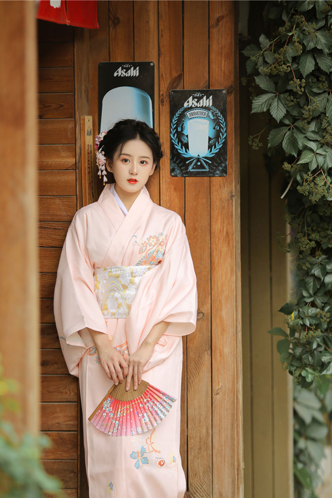Yukata Kimono Pink Gown with Artistic Retro Girl Dress - はなびたいかい Stupa Stones