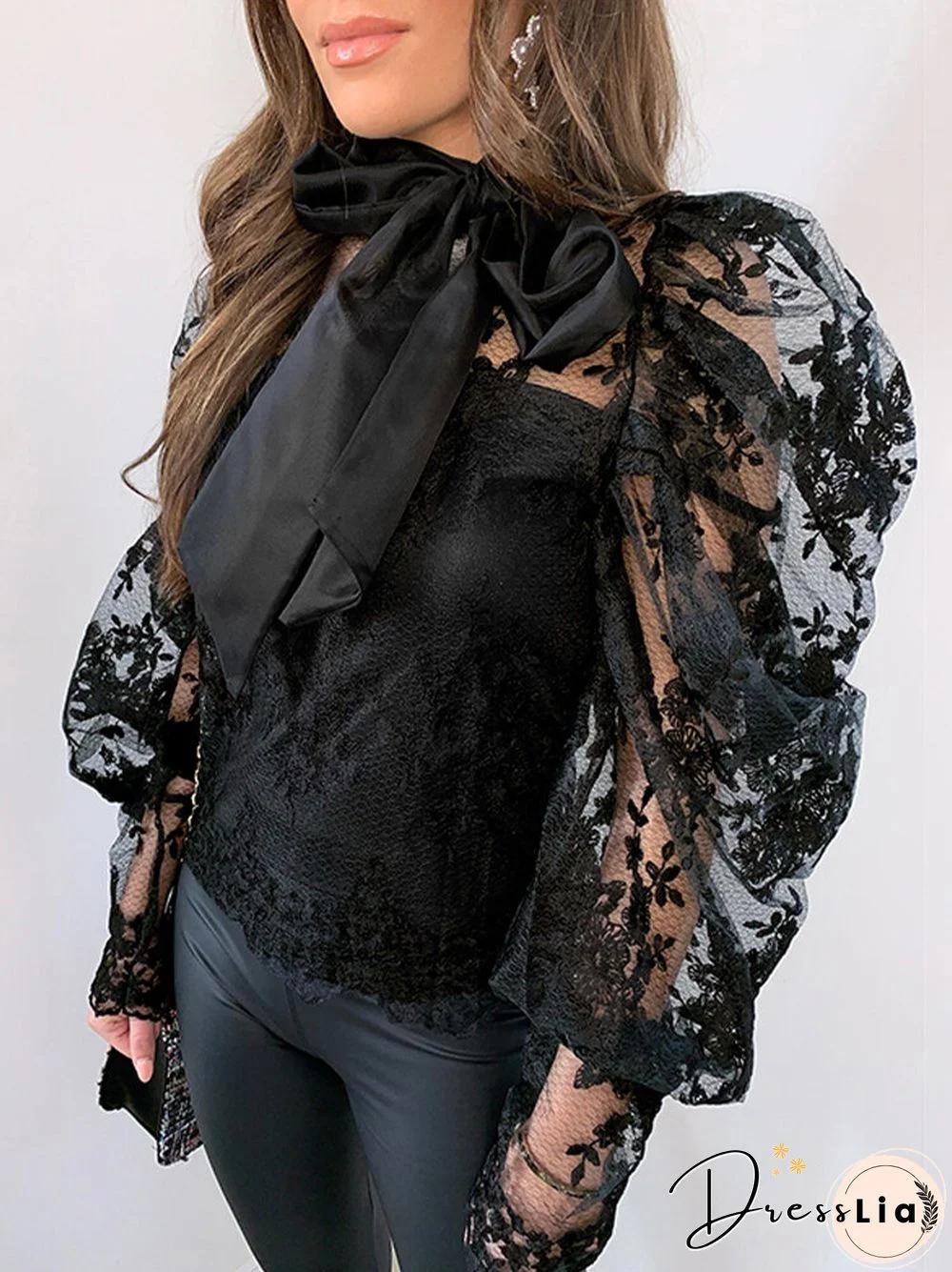 Lace Hollow Out Bowknot Tie Long Puff Sleeve Vintage Blouse