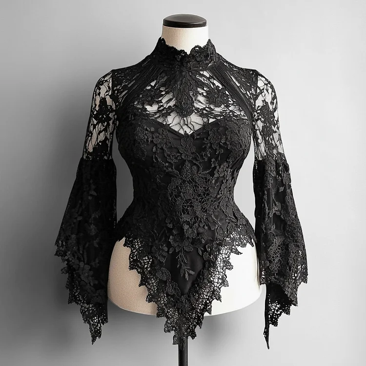 Ursime Lace Sheer Mock Neck Flare Sleeve Asymmetrical Hem Blouse