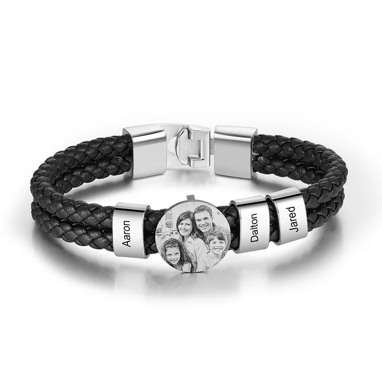 Personalized Photo Bracelet with 3 Names Leather Bracelet Beaded Wrap Bracelet