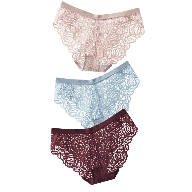 3PCS Sexy Lace Panties Soft Breathable Briefs Women Underwear Ladies Panty Transparent Low-Rise Underpants Lingerie Intimates XL
