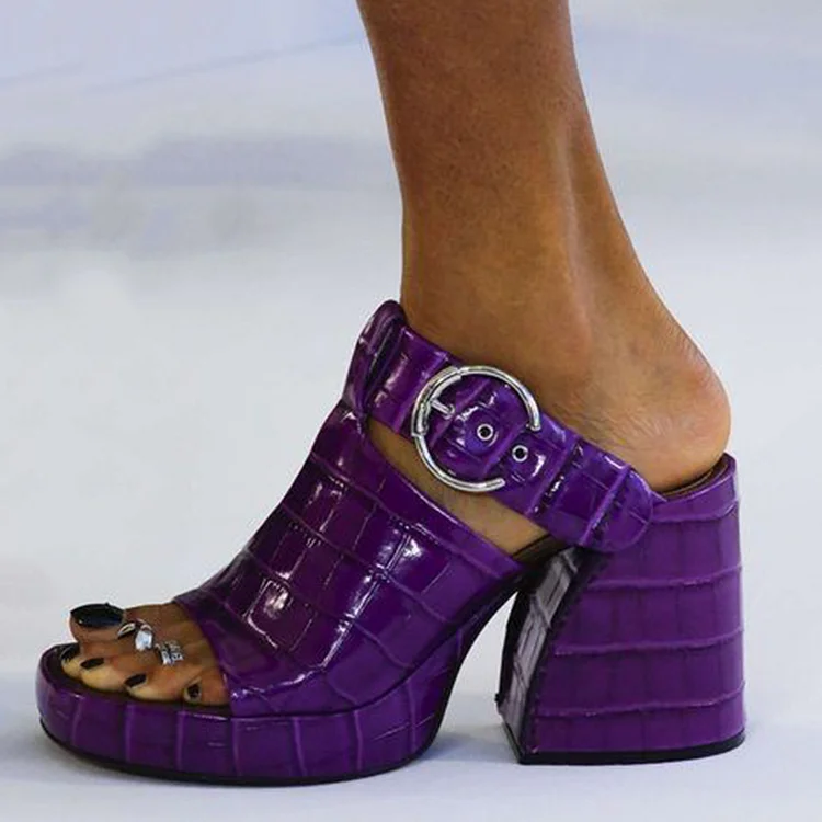 Stylish Purple Croco Embossed Buckle Chunky Heel Platform Mules |FSJ Shoes
