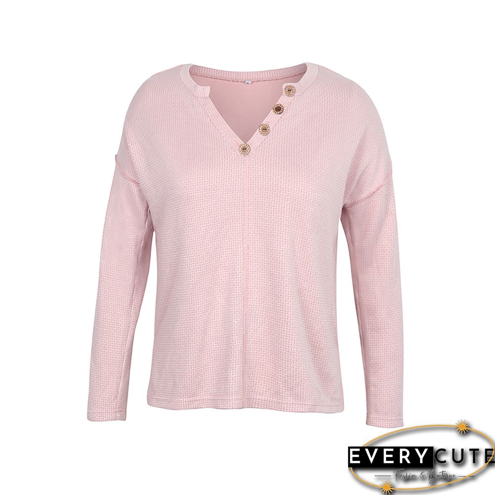 Pink Button V Neck Drop Shoulder Sweater