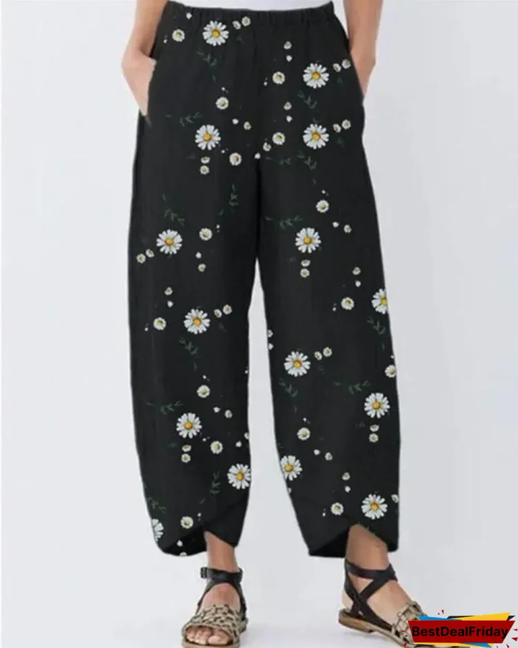 floral printed loose cotton and linen casual pants p258770