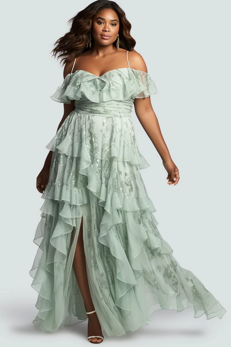Xpluswear Design Plus Size Wedding Guest Sage Green Open Shoulder Ruffle Tiered Chiffon Sundress Maxi Dresses [Pre-Order]