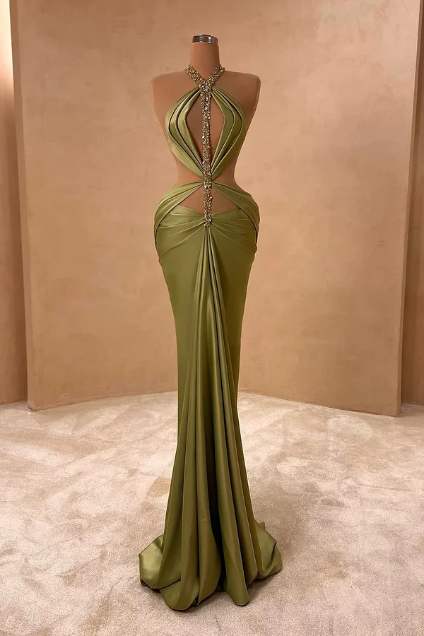 Daisda Green Sleeveless Halter Mermaid Beads Prom Dress