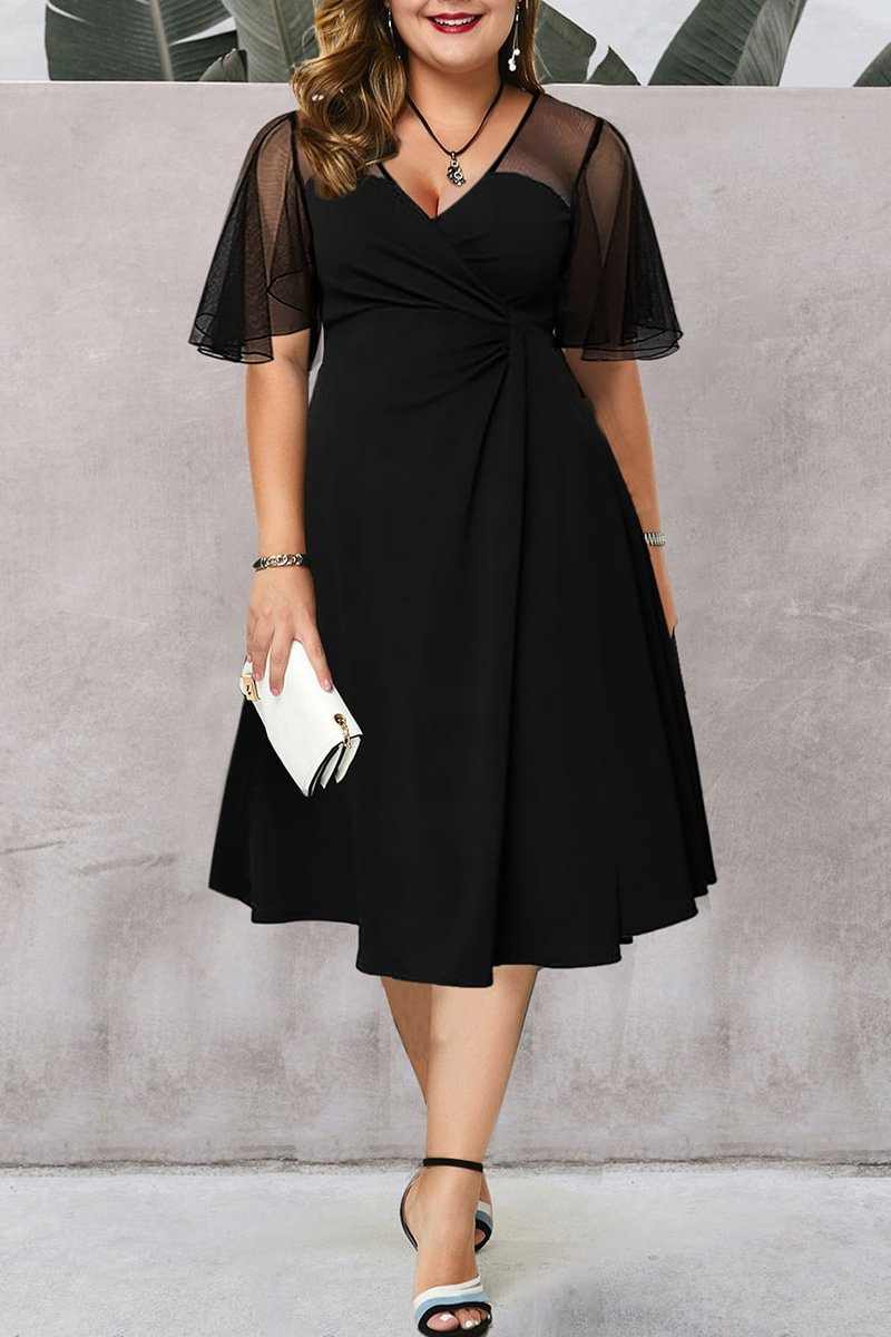 Plus Size Mesh Stitching Ruffle Sleeve Solid Midi Dresses