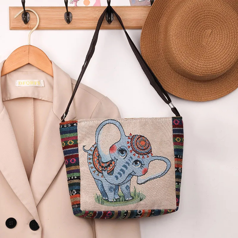 Wingreater Ethnic Style Handbag Embroidery Elephant Canvas Women Shoulder Bags Grocery Storage Pouch Large Capacity Crossbody Bag Women's handbags