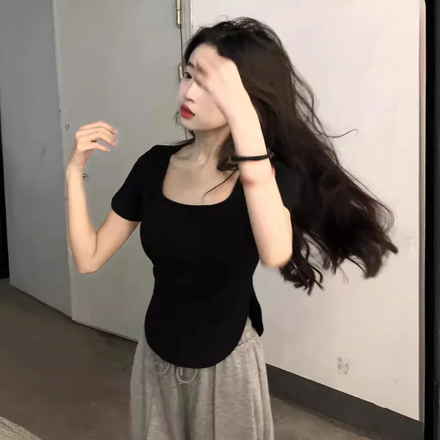 Uveng Uveng 2024 New Pure Desire Wind Big U-Collar Hot Girl Top Show Slim Slim Irregular Short-Sleeved T-Shirt Female Ins