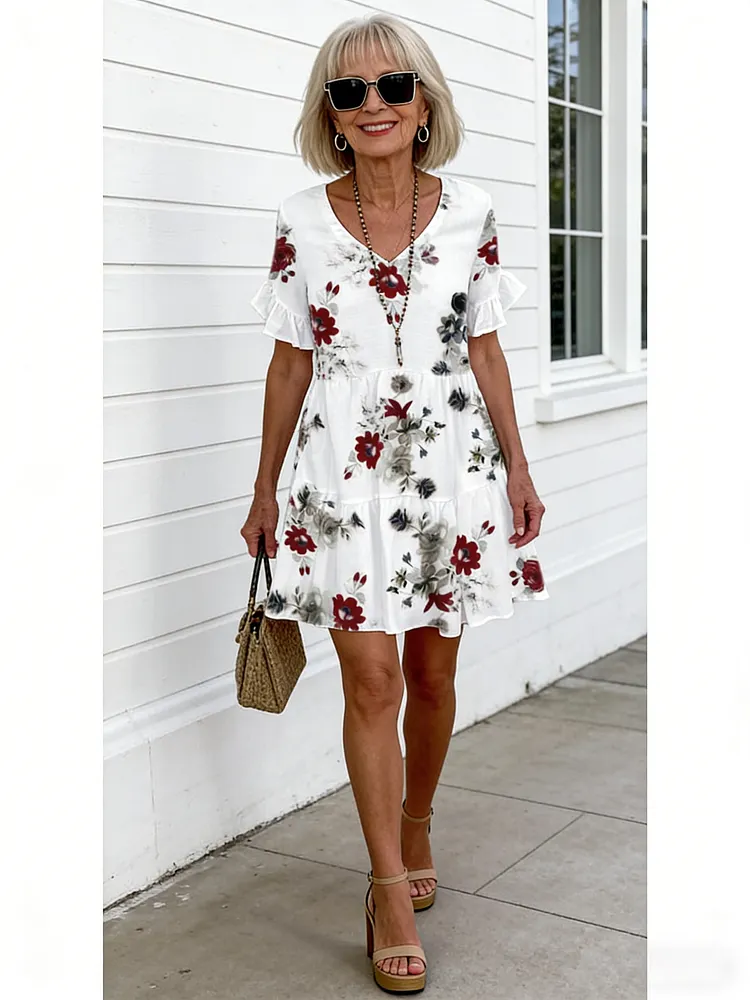 Fashion Short Printed Lotus Leaf Edge Pocket Dress Women