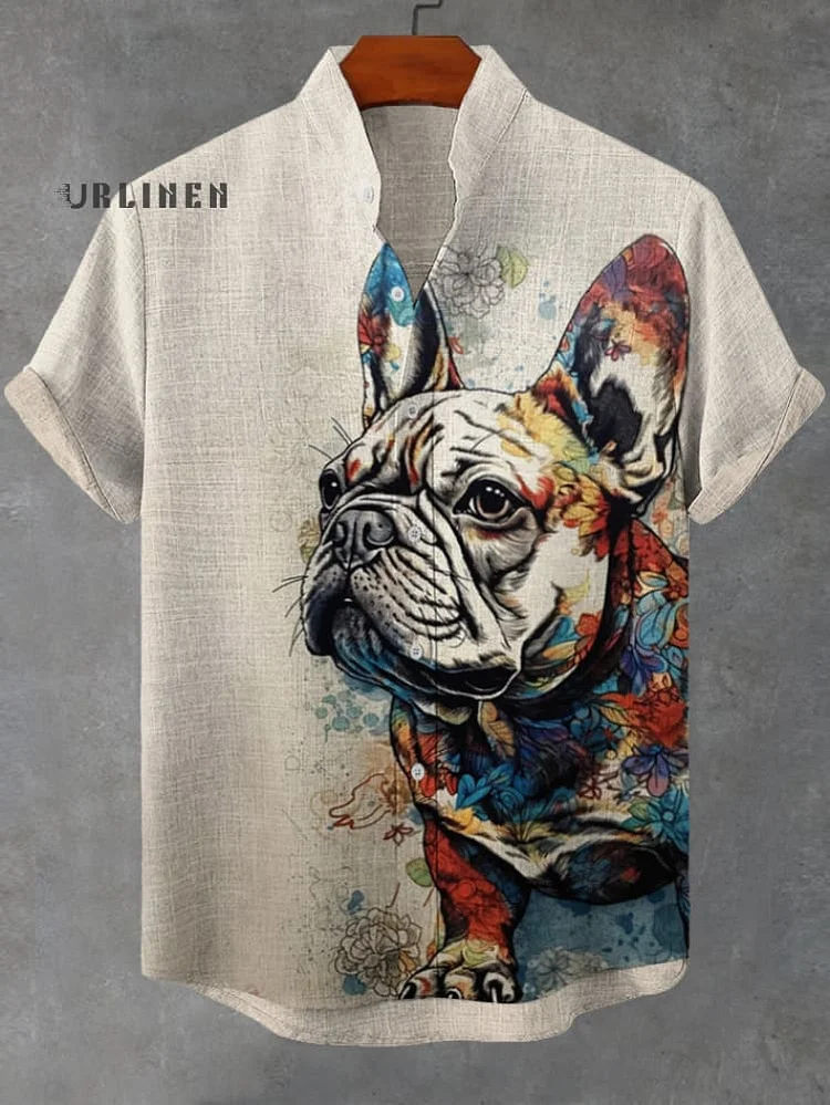 Men's Bulldog Colorful Art Print Linen Blend Shirt