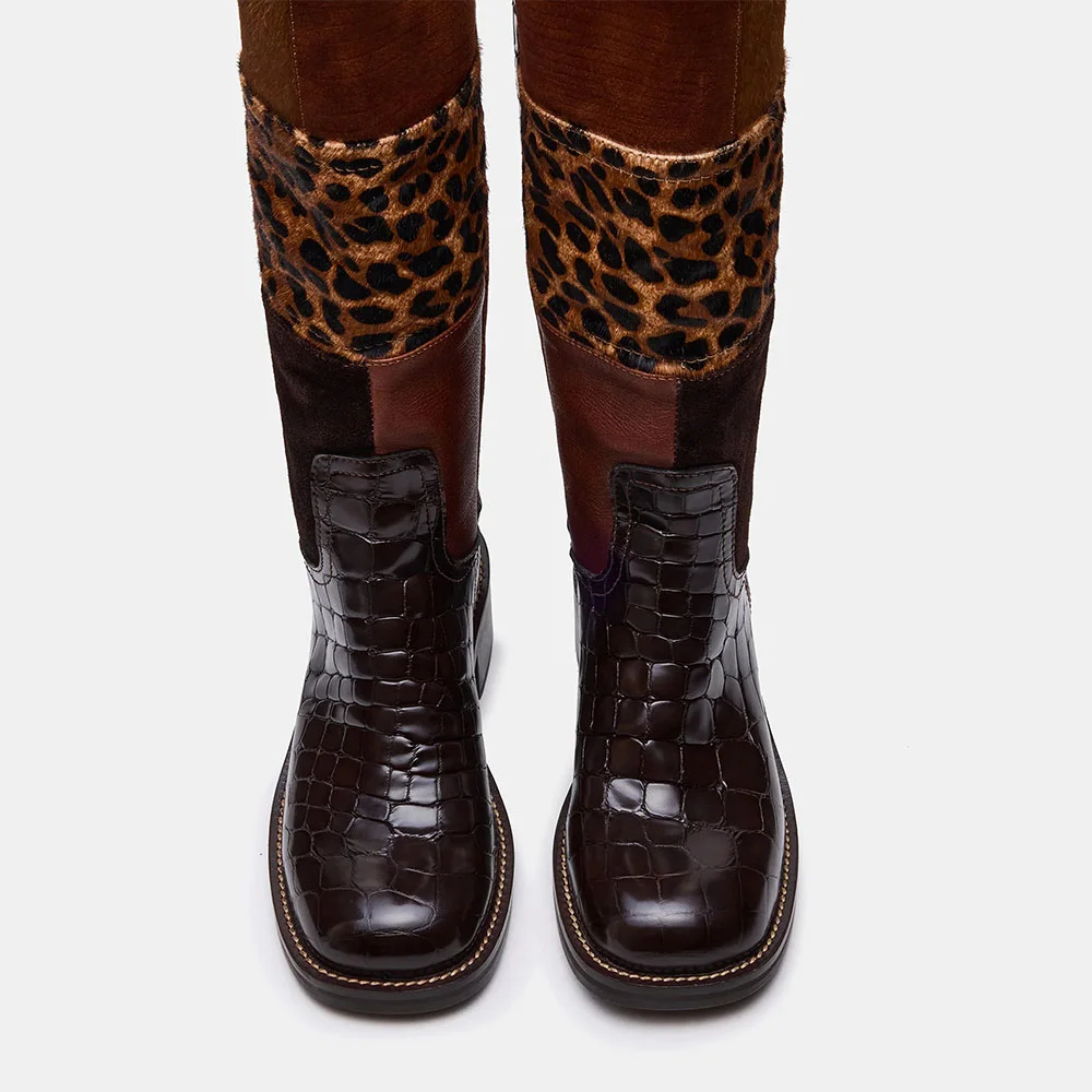 Multicolor Square Toe Chunky Low Heel Patchwork Knee High Boots