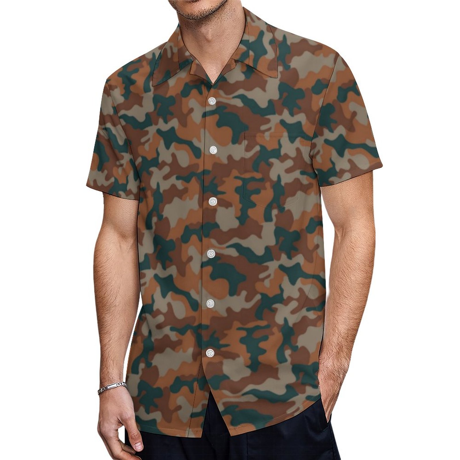 Brown Orange Green Camouflage Hawaiian Shirt Mens Button Down Plus Size Tropical Hawaii Beach Shirts
