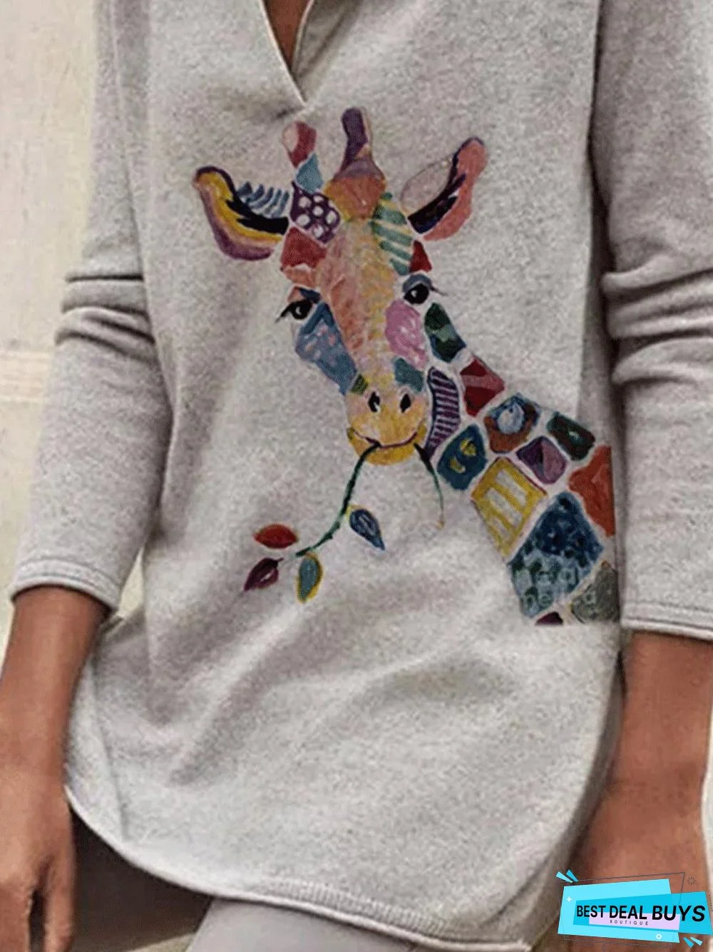 Round Neck Fawn Print Casual Long-Sleeved T-Shirt