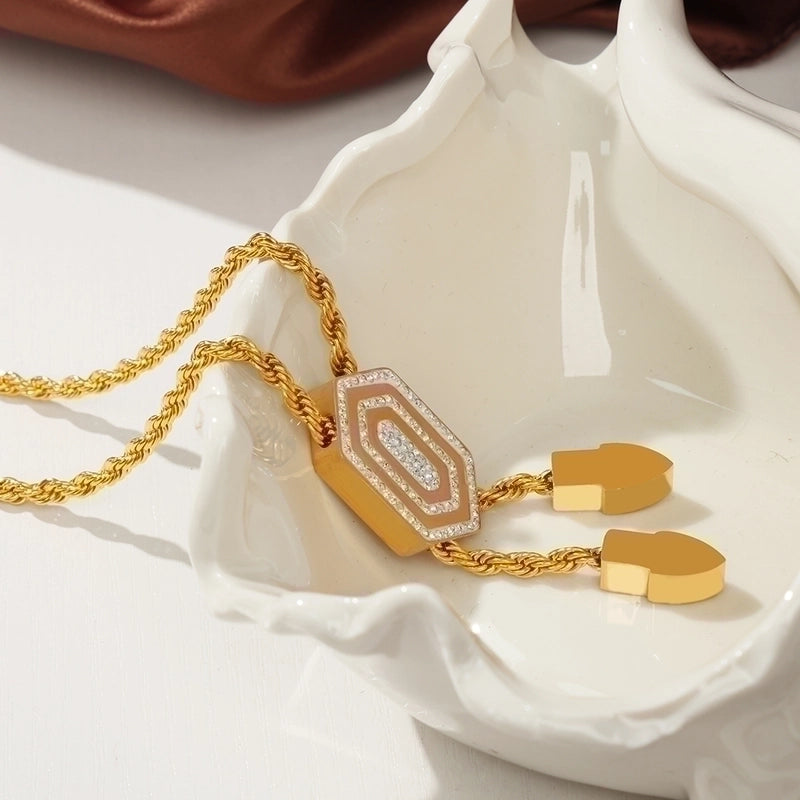 Retro Minimalist Commute Hexagon Twist Titanium Steel Rhinestones 18K Gold Plated Chain Inlay Bracelets Necklace