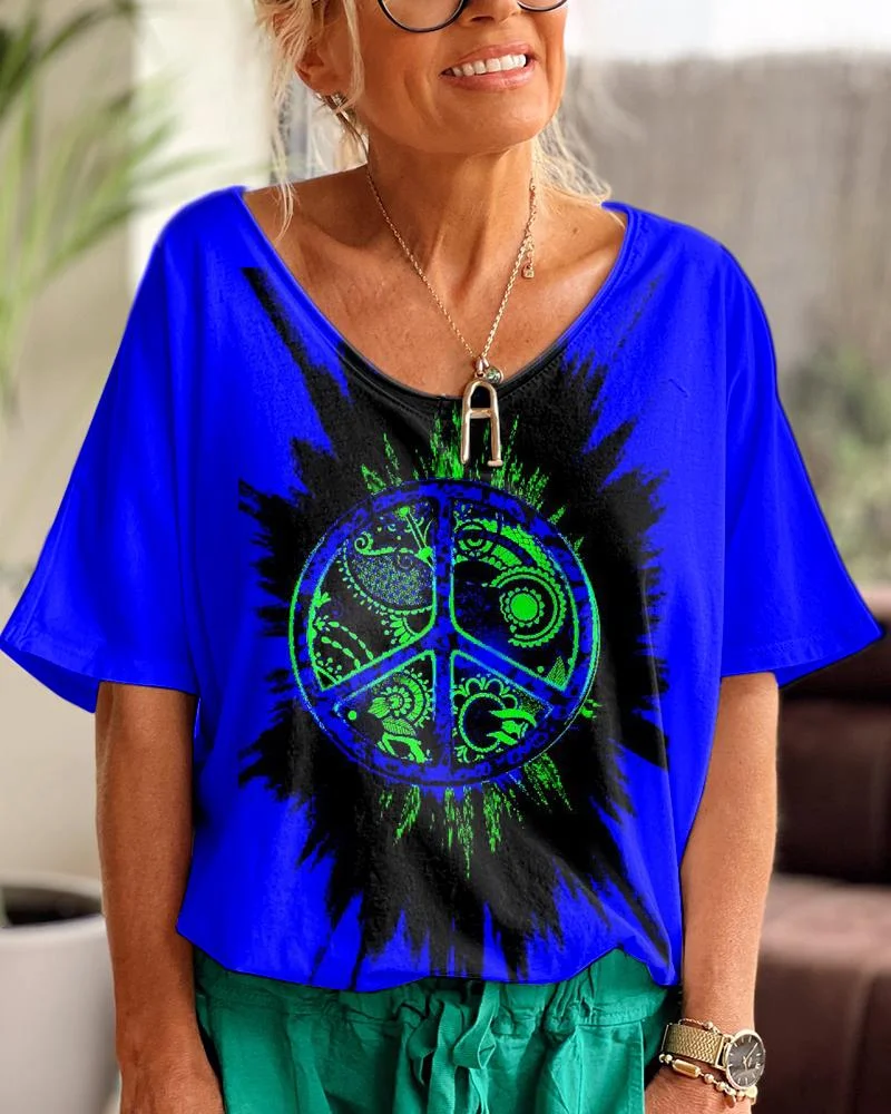 Blue Hippie Vintage Casual V Neck T-shirt