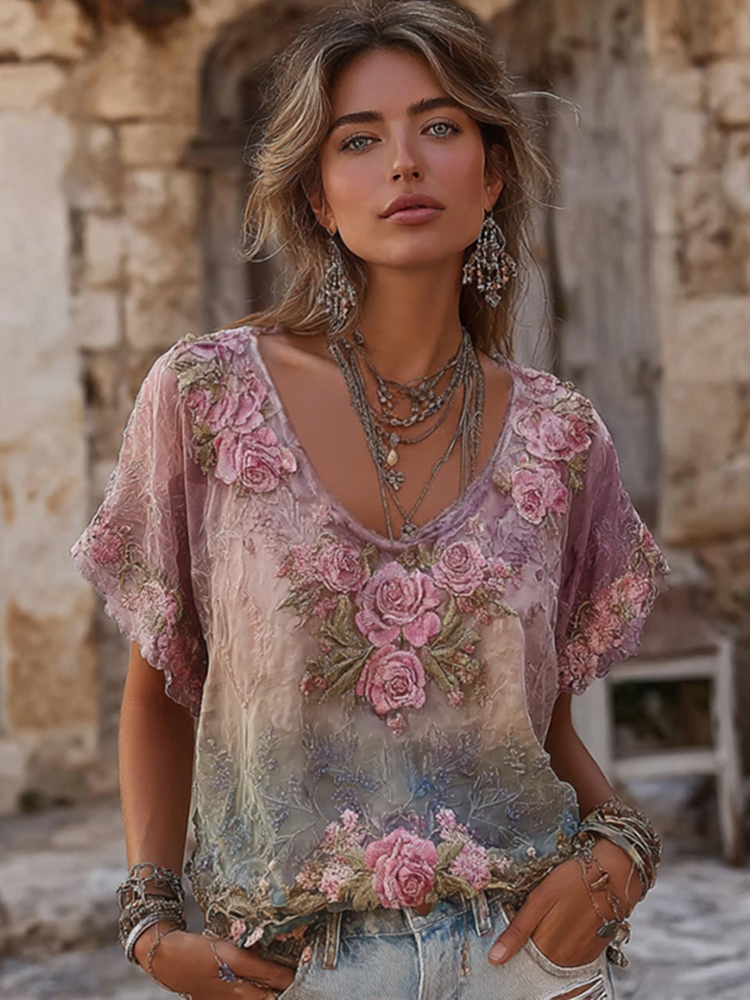 Women's Floral Embroidered Art Gradient V-neck Short Sleeve Linen Blend T-shirt Women's Floral Embroidered Art Gradient V-neck Short Sleeve Linen Blend T-shirt - Image 1